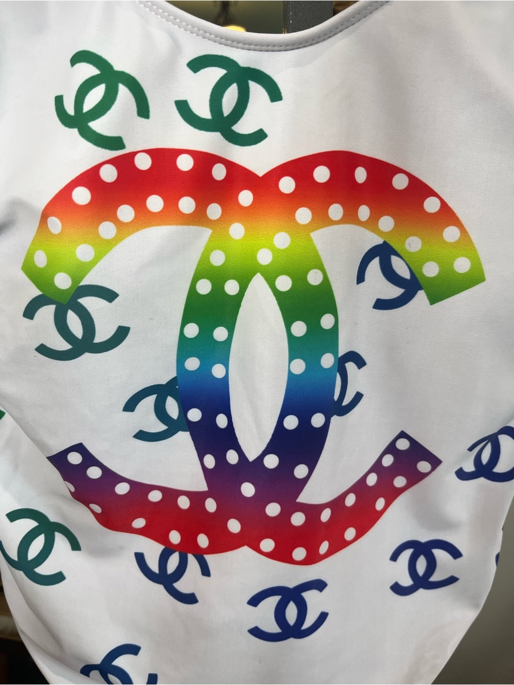 CHANEL White One-Piece Swimsuit with Multicolor Rainbow Logo Size XL - Picture 4 of 7